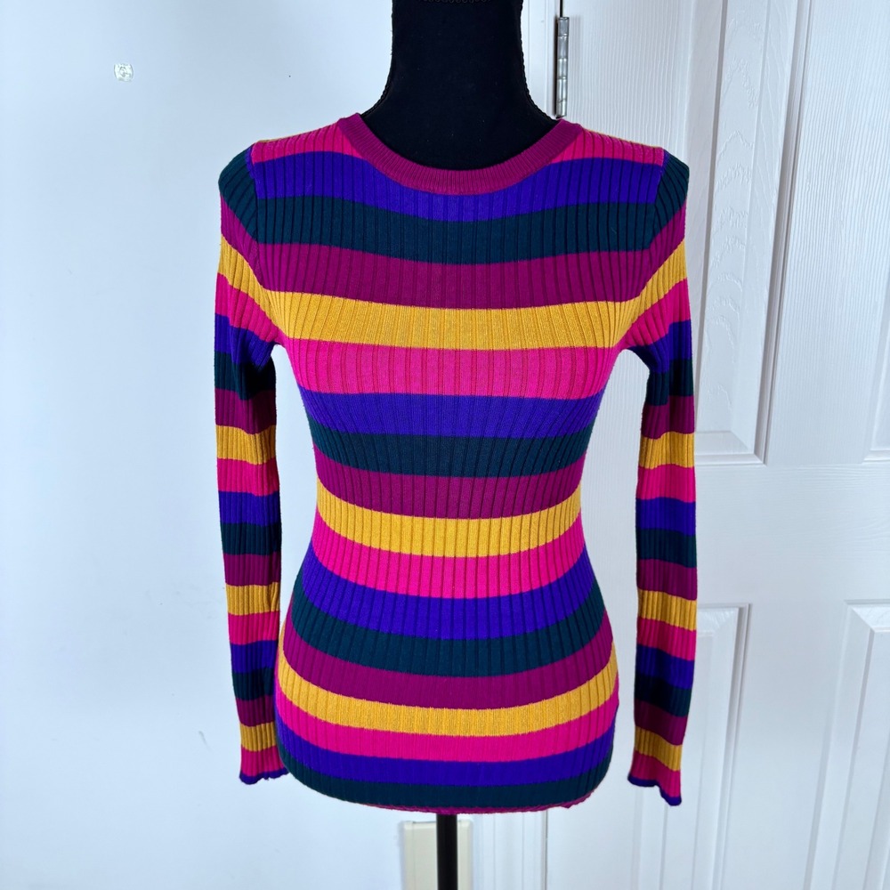 QED London Womens Ribbed Striped Sweater XS Multicolor Long Sleeve Crew Neck Y2K
